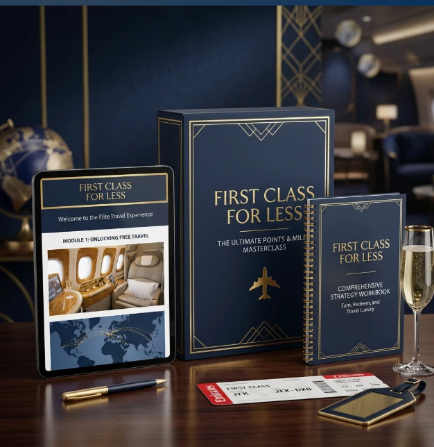 First Class For Less — course box, workbook, and tablet mockup