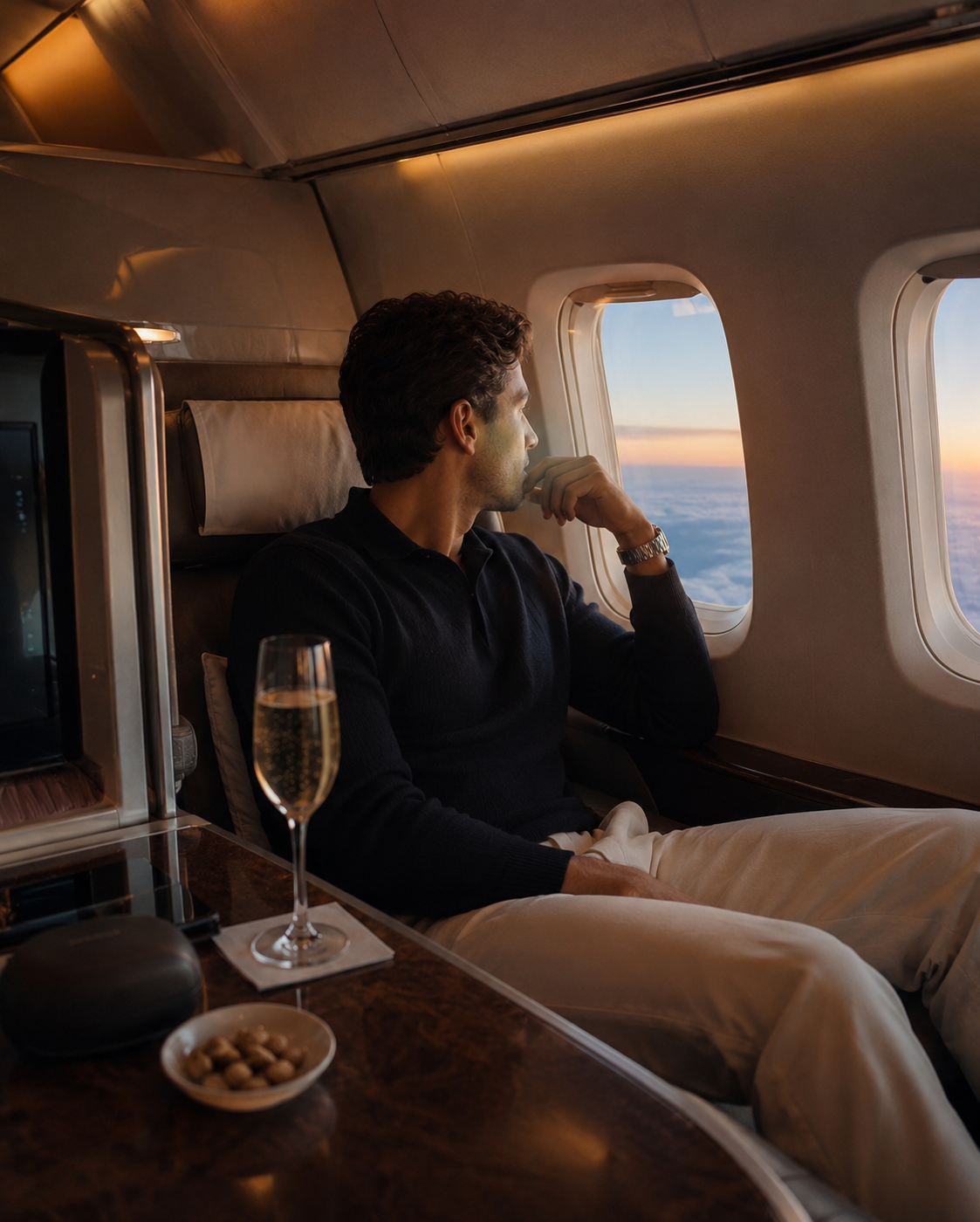 A regular person in a first class seat paid for with points